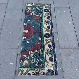 Alfombra Turca de 1.6x4.3 pies, Alfombra, Alfombra Azul con Diseño Floral de Lana - Product Image 1