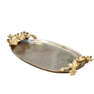 Bandeja de Servicio Decorativa Ovalada de Acero Inoxidable de Lujo con Asas Únicas en Forma de Rama Dorada y Detalles en Piedra Rosa para Bodas y Eventos - Product Image 6