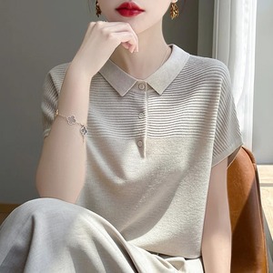 เสื้อยืดผู้หญิงผ้าถักเนื้อละเอียดใหม่เสื้อสเวตเตอร์ลำลองแขนสั้นเสื้อโปโลเสื้อเบลาส์เสื้อผ้าสตรีเสื้อทรงหลวมฤดูร้อน - Product Image 1