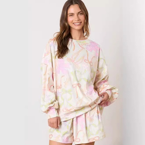 Conjunto de dos piezas informal de otoño para mujer, camisetas de manga larga de poliéster tejido, pantalones cortos holgados con lazo, transpirables, ecológicos - Product Image 4