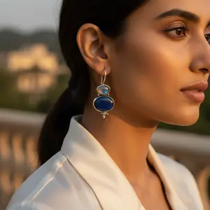 Boucles d'oreilles pendantes en argent 925 avec pierre bleue pour femmes, améthyste, grenat, perle, diamant, plaqué or, forme goutte d'eau, prêtes pour les fêtes - Product Image 2