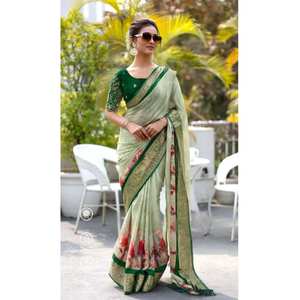 Bordure verte pure Georgette impression numérique Saree chemisier de travail lourd glands contraste correspondant pour polyester viscose indien - Product Image 1