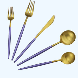 High-Grade 5 Pcs Matte Gold Stainless Steel <b>Cutlery</b> Set with Purple Handles Stylish American Style Tableware for <b>Travel</b> - Product Image 1