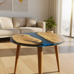 Table à manger/table basse en bois d'acacia en résine bleue, luxe moderne, faite à la main, imperméable, personnalisable, cadeau de Pâques, de Ramadan, de sympathie, salon - Product Image 1
