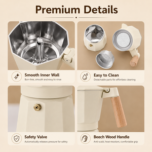 Cafetière Moka en aluminium blanc de style italien pour expresso, avec poignée en bois de hêtre, 150 ml, 300 ml, 450 ml, 600 ml, vente en gros - Product Image 2