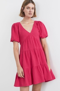 เดรสผ้าฝ้ายเนื้อครinkle ทรงเอไลน์ แขนพองสั้น ไซส์ XL ดีไซน์เซ็กซี่ ช่วงหลังรูดผูกโบว์  ตกแต่งด้วยดีเทลเว้าด้านข้าง มีกระเป๋าผูกด้านข้าง - Product Image 2