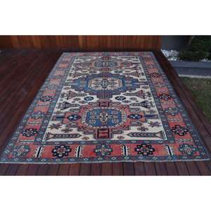 Tapis turc vintage, grand tapis de 6,46 x 9,1 pieds, tapis Ikat rouge - Product Image 1