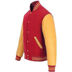 Veste de baseball de qualité supérieure pour hommes, couleur rouge unie, avec manches en cuir jaune, veste d'hiver pour hommes à boutons, séchage rapide - Product Image 2