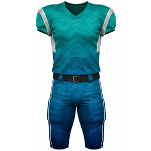 Ensemble d'uniformes de football américain sublimés Wave, maillot de performance bleu sarcelle et bleu marine avec pantalon contrasté intégré, OEM - Product Image 1
