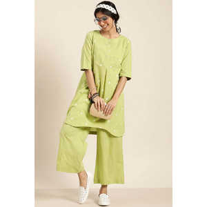Conjunto de Kurta y Palazzo de Algodón Bordado Verde para Mujer, para Verano - Product Image 1