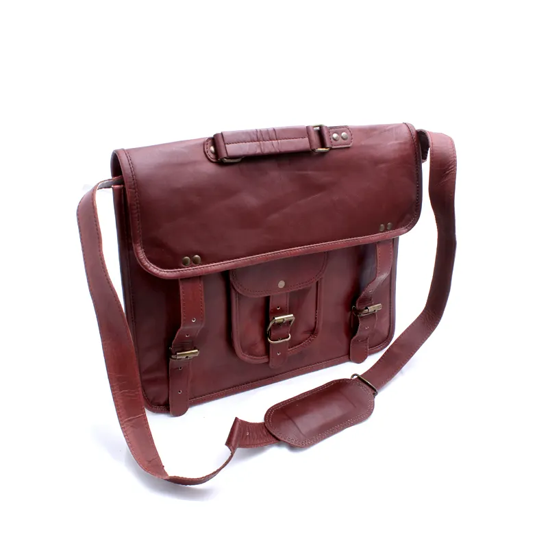 Handmadecraft Leather Unisex 100% Genuine Real Leather Messenger Bag Single Pocket Large Brown Pu Leather Laptop Briefcase