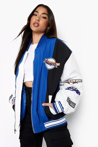 Chaqueta de bombardero universitaria con paneles azul personalizada de longitud completa para mujer, chaqueta de béisbol para mujer, Chaqueta corta de lana y Letterman para mujer - Product Image 6