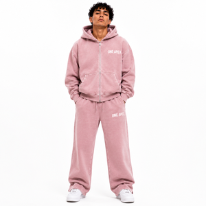 Sudadera con capucha y cremallera completa extragrande rosa bebé para hombre, 100% algodón de alto gramaje, parte inferior abierta, conjunto deportivo OEM ODM al por mayor - Product Image 4