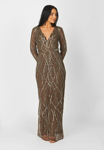 เดรสคอวีคล้องคอผ้าซาตินทรงเอไลน์ของผู้หญิงประดับด้วยลูกปัดคริสตัลแขนยาวเต็มตัวเอวธรรมชาติ - Product Image 2