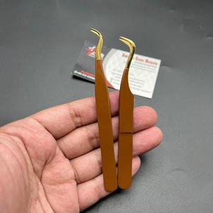 Pinces à épiler pour extensions de cils en acier inoxydable japonais durable ASB Instruments, couleur or brun, pointes en fibre pour volume de cils, crochet - Product Image 4