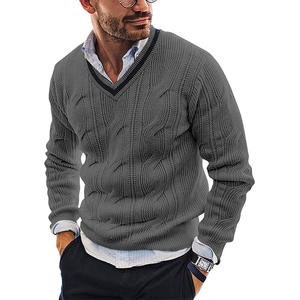 Pull en tricot personnalisé col en V coupe ajustée 100% coton pour hommes pull en tricot doux de couleur unie nouveau 2025 automne hiver mode décontractée - Product Image 3