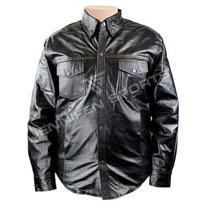 Chemise en cuir pour hommes Biker Motorcycle en cuir lisse de buffle véritable Poches de poitrine avant Fermeture à boutons Doublure intérieure en satin - Product Image 1