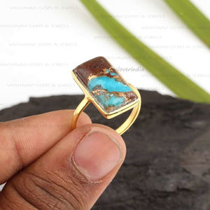 Vente chaude 9x18mm Rectangle Éternité Vermeil 925 Argent Sterling 18K Plaqué Or Lave Cuivre Turquoise Lunette Ensemble Bague pour Femmes - Product Image 5