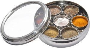 Transparent Acier Inoxydable Indien Masala Dabba 7 Récipients À Épices avec Cuillères Passe Au Lave-Vaisselle Facile À Nettoyer Comprend Un Couvercle En Métal - Product Image 6