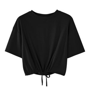 Lo último 2023, nuevo diseño, camisetas para mujer, cuello redondo, camisetas casuales de algodón de manga corta lisas, Top corto para mujer, cintura elástica - Product Image 3