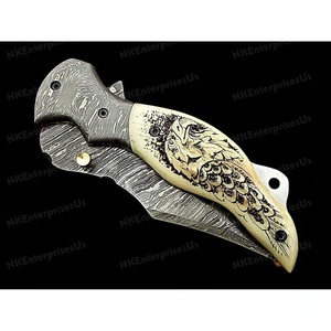มีดพับเหล็กดามัสกัสพร้อมที่จับกระดูกคลิปจับกระเป๋าสำหรับตัดล่าสัตว์ - Product Image 4