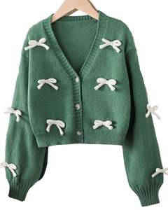 Customized <b>Women</b> Olive Green <b>Cropped</b> Knit <b>Cardigan</b> Sweater With White Bow Applique V Neck Button Front Cute Winter Fashion Top - Product Image 1