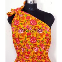 Robe décontractée en coton indien style bohème hippie faite à la main, imprimé floral, manches coréennes, épaule asymétrique, froncée naturellement, respirante