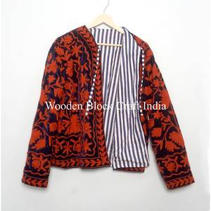 Handmade Indian Suzani Embroidery <b>Women's</b> <b>Jacket</b> Floral Stripe Quilted Cotton Filling Breathable <b>Velvet</b> Eco-Friendly Winter - Product Image 5