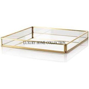 Large rectangular metal glass <b>mirror</b> <b>tray</b> <b>with</b> decorative handles for serving drinks desserts and party essentials - Product Image 2