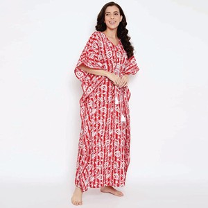 Comfort Fit 100% coton col en V dessiner chaîne taille demi manches rouge rayé Batik main bloc caftan - Product Image 3