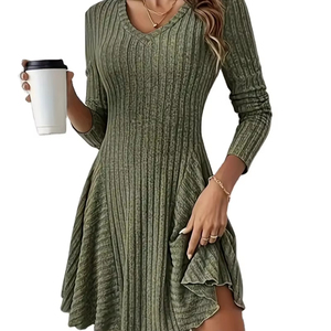 2025เดรสคอวีถักแขนยาวยาวยาวยาวถึงเข่าสไตล์ฝรั่งเศสสำหรับผู้หญิง - Product Image 1