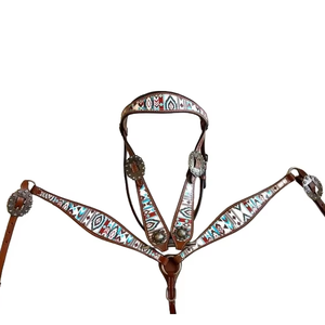 EquiElite Exports - Juego de arreos western de cuero con patrón de diamantes navajo multicolor, cabezada, pechera y brida para caballo, personalizado - Product Image 1