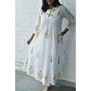 Vestido Kurta de Algodón con Estampado Étnico Mughal para Mujer, Color Marigold Cypress-XS, Largo hasta la Rodilla, Estilo Imperio, Elegante y Transpirable - Product Image 1