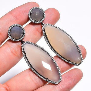 Sterling <b>Silver</b> Grey Chalcedony <b>Long</b> Drop <b>Earrings</b> Oval Faceted Gemstone With CZ Bezel Elegant Dangle Jewelry - Product Image 1