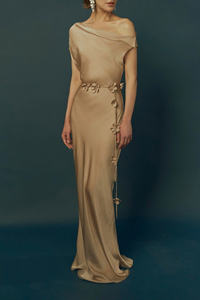 Vestido elegante de estilo veraniego para mujer, cinturón de ganchillo de satén con flor dorada de celebridad, servicios ODM hechos en Vietnam, natural para mujer - Product Image 5