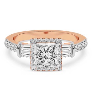 Baguette de princesse en or rose massif 14 carats personnalisée et bague de fiançailles ronde taille brillant en laboratoire avec pavé de diamants pour femmes - Product Image 1