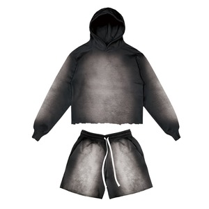 Ensemble de survêtement décontracté 2 pièces pour homme, sweat à capuche et short, taille plus, 100% coton, lavage à l'acide, logo personnalisé - Product Image 5