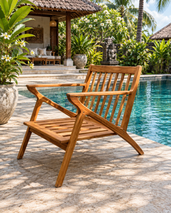 Chaise longue de jardin minimaliste en teck, fauteuil d'extérieur avec accoudoirs, siège à lattes, pour la détente au bord de la piscine - Product Image 1