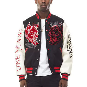 OEM personalizado Vintage chaqueta de bombardero de los hombres de soporte de cuello de cuero de vaca de manga Chenille parche bordado de béisbol Letterman Varsity - Product Image 3