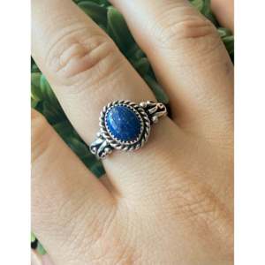 Navajo-Made 14k Platinum <b>Ring</b> Lapis Turquoise Gemstone Rhodium Plated Rhodium Paved Cut Everyday Wear Sterling Silver Setting - Product Image 2