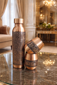 Bouteille en cuivre pur, bouteille en cuivre ayurvédique, bouteille en cuivre gravée, bouteille d'eau en cuivre martelé, bouteille en cuivre avec verre - Product Image 6