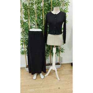 Women'<b>s</b> Long-Sleeve Button-Front <b>Blouse</b> <b>and</b> High-Waisted A-Line Long Skirt with Brushed Fabric, Two-Piece Set, 29766 - Black - Product Image 4
