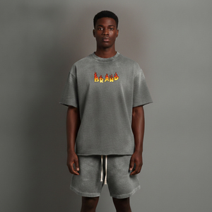 Men's Gray Cotton T-<b>Shirt</b> Set With <b>Flame</b> Logo Front Print Casual Summer Wear Crew Neck Knitted Fabric Oversized Style - Product Image 1