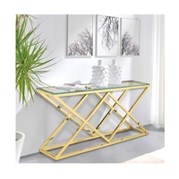 Table console géométrique minimaliste, fabriquée en bois de manguier fini à la main et avec des pieds en métal diamant.