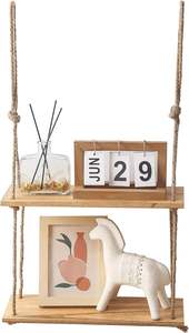 Étagères suspendues pour mur Étagère en corde en bois à 2 niveaux Étagères flottantes rustiques murales avec crochets et quincaillerie pour chambre à coucher - Product Image 2