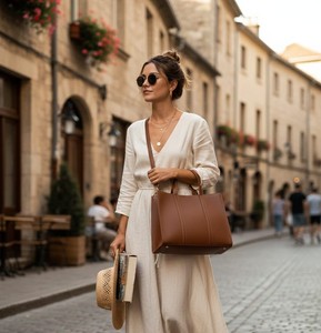 Structured Brown Genuine Leather Vintage Fashion Tote <b>Bag</b> <b>Women</b> Work Satchel Handbag ZIP Water Resistant Strap Minimalist <b>Office</b> - Product Image 5