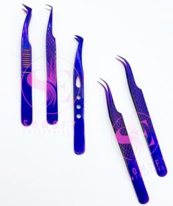 Pinzas para extensiones de pestañas de lujo, volumen de acero de 90 grados, paquete personalizado de Plasma púrpura, puntas de fibra sostenibles ecológicas - Product Image 1