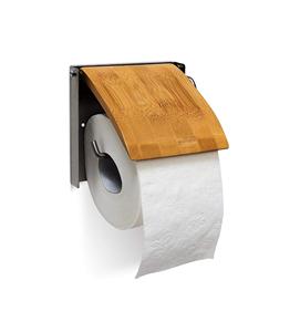 Rouleau monté en bambou et acier inoxydable Porte papier toilette mural pour salle de bain Marron naturel 2.5x14.5x13.5 cm - Product Image 1