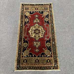 Turkish Rug, Small 1.7x3.2 ft Vintage Rug, <b>Red</b> Blue Plants & trees <b>Wool</b> Rug - Product Image 1