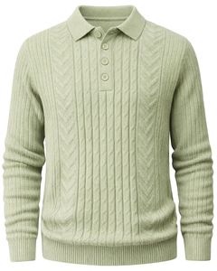 Suéter Polo de Punto Trenzado Vertical para Hombre, Manga Larga, Cuello con Botones, Suave, para Invierno, Color Verde Salvia Claro, Venta al por Mayor - Product Image 1